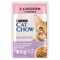 CAT CHOW Sensitive Kattenvoer met Zalm en Courgette in Saus 85g - 20 SIZEN + 6 GRATIS !!! + Groominghandschoen - Cat Chow GRATIS