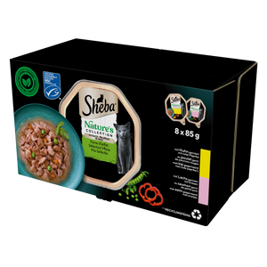SHEBA Nature's Collection Selection of Flavours 8x85 g - nat volledig voer voor volwassen katten, in saus (stukjes met: kip gegarneerd met rode pepers, zalm gegarneerd met erwten)