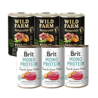 BRIT MONO PROTEIN TUNA & SWEET POTATO 3x400g + Wild Farm Monoprotein Wild Boar 3x400g