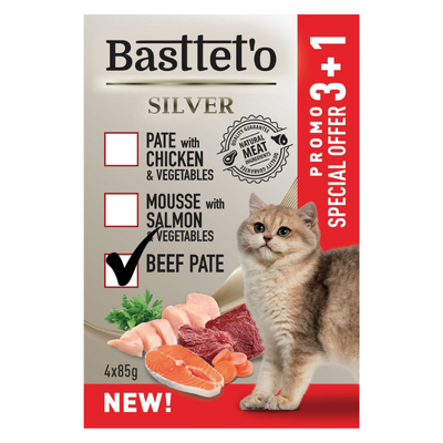 Basttet'o Silver Runderpaté voor katten 4x85g (zakje)( 3+1 GRATIS)
