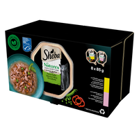 SHEBA Nature's Collection Selection of Flavours 8x85 g - nat volledig voer voor volwassen katten, in saus (stukjes met: kip gegarneerd met rode pepers, zalm gegarneerd met erwten)