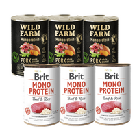 Brit Mono Protein Beef & Brown Rice 3x400g + WILD FARM Monoprotein Pork 3x400g