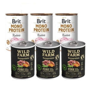 Brit Mono Eiwit met Konijn 3x400g + Wild Farm Monoprotein Varkensvlees 3x400g 