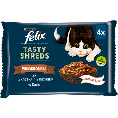 Felix Tasty Shreds Nat Kattenvoer met Eend en Kalkoen in Saus 4x80g