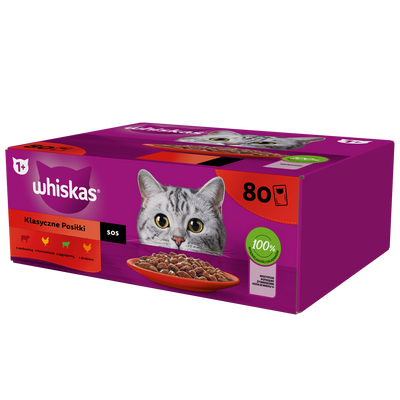 WHISKAS Adult Zakjes 80 x 85 g Classic Meals - natvoer voor volwassen katten, in saus (vleeswaren met: rund, kip, lam, gevogelte)