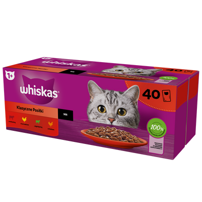 WHISKAS Adult sachets 40 x 85 g Classic Meals - natvoer voor volwassen katten, in saus (vleeswaren met: rund, kip, lam, gevogelte)