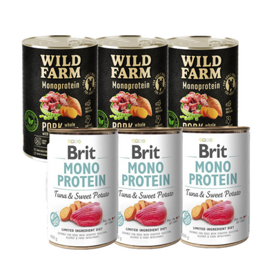 BRIT MONO PROTEIN TUNA & SWEET POTATO 3x400g + Wild Farm Monoprotein Wild Boar 3x400g