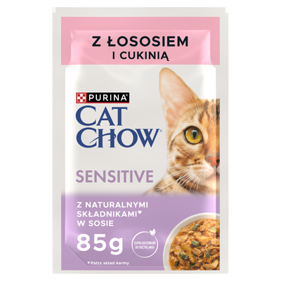 CAT CHOW Sensitive Kattenvoer met Zalm en Courgette in Saus 85g - 20 SIZEN + 6 GRATIS !!! + Groominghandschoen - Cat Chow GRATIS