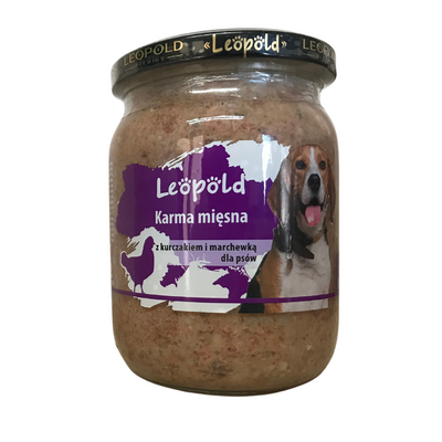 Leopold vleesvoeding met kip en wortels voor honden 500g (pot)