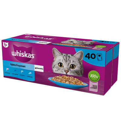 WHISKAS Adult Zakjes 40 x 85 g Fishy Treats - natvoer voor volwassen katten in gelei (stukjes met: zalm, tonijn, kabeljauw, witte vis)