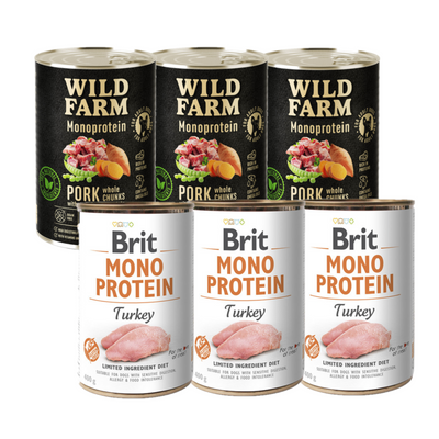 Brit Mono Eiwit met kalkoen 3x400g + WILD FARM Monoprotein Pork 3x400g