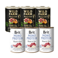 Brit Mono Eiwit met Lam en Rijst 3x400g + WILD FARM Monoprotein Pork 3x400g