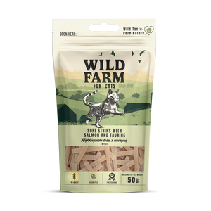WILD FARM zachte reepjes zalm met taurine 50g kattensnoepje