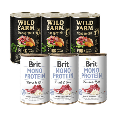 Brit Mono Eiwit met Lam en Rijst 3x400g + WILD FARM Monoprotein Pork 3x400g
