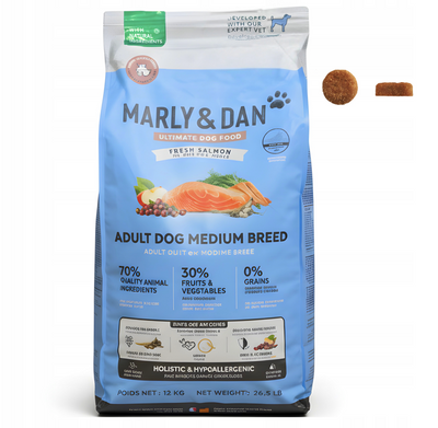 Marly & Dan Adult Hond Middelgroot Ras Verse Zalm Holistic & Hypoallergeen 12kg droogvoer