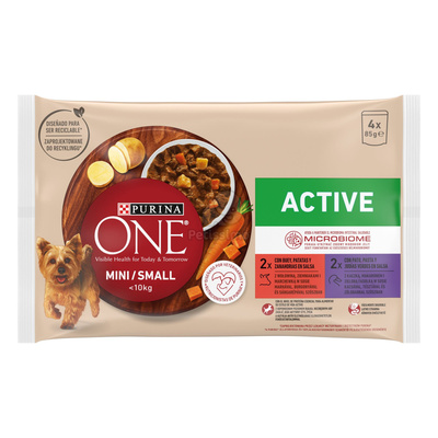 Purina One Mini Active hondenvoer met rundvlees met aardappelen en eend met noedels 4 x 85g