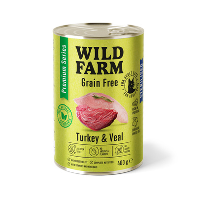 WILD FARM Premium Grain Free Turkey and Veal 400g - graanvrije voeding voor gesteriliseerde katten