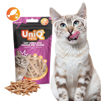 UNIQ PETS kattensnoepjes - zachte reepjes zalm met tasurine 50g 