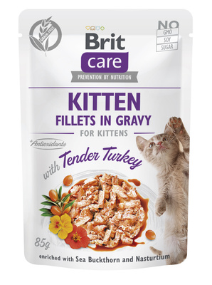 BRIT CARE Kittenvoer in jus met malse kalkoen verrijkt met duindoorn en Oost-Indische kers 10x85g