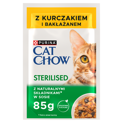 CAT CHOW Gesteriliseerd Kattenvoer met Kip en Aubergine in Saus 85g - 20 SIZEN + 6 GRATIS !!! + Groominghandschoen - Cat Chow GRATIS !