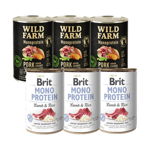 Brit Mono Eiwit met Lam en Rijst 3x400g + WILD FARM Monoprotein Pork 3x400g