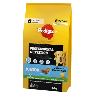 PEDIGREE® Junior Professional Nutrition 12 kg met gevogelte en groenten - droog compleetvoer voor puppy's van grote en middelgrote rassen + GRATIS een verrassing voor je hond!