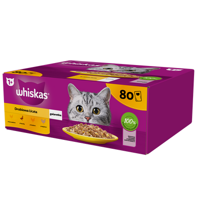 WHISKAS Adult zakje 80 x 85 g Gevogelte Stuk - natvoer voor volwassen katten in gelei (stukjes met: kip, eend, gevogelte, kalkoen)