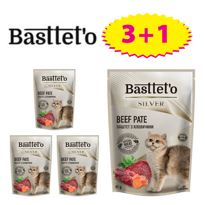 Basttet'o Silver Runderpaté voor katten 4x85g (zakje)( 3+1 GRATIS)
