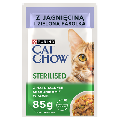 CAT CHOW Gesteriliseerd kattenvoer met lam en sperziebonen in saus 85g - 20 SASKETS + 6 GRATIS !!! + Groominghandschoen - Cat Chow GRATIS 