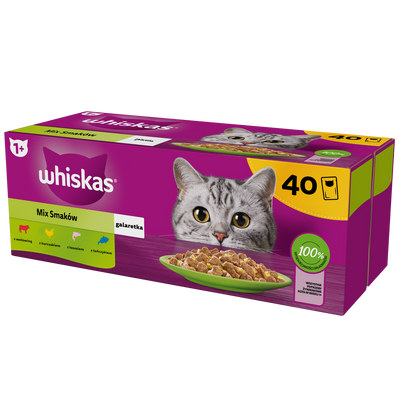 WHISKAS Adult Zakjes 40 x 85 g Gemengde smaken - natvoer voor volwassen katten in gelei (vleeswaren met: rund, kip, zalm, tonijn)