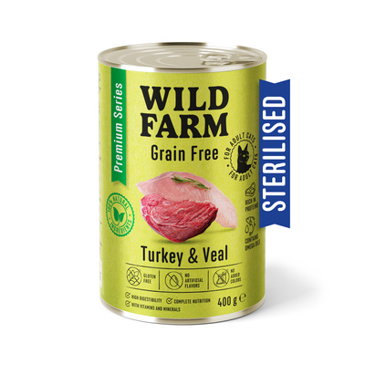 WILD FARM Premium Grain Free Turkey and Veal 12x400g - graanvrije voeding voor gesteriliseerde katten