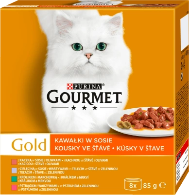 Purina Gourmet Gold stukjes in sausmix (eend, forel, konijn, kalfsvlees) 8x85g
