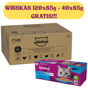 Whiskas Poultry Feast 120x85g Natvoer voor volwassen katten in gelei + WHISKAS 40x85 g Fishy Treats