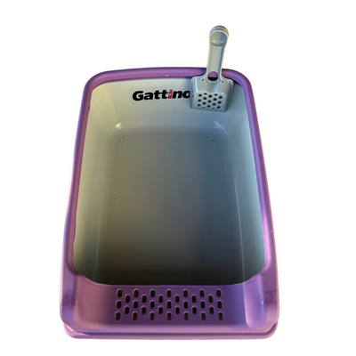 Paarse kattenbak met spatel 20cm x 35xm x 50cm