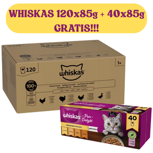 Whiskas Poultry Feast 120x85g Natvoer voor volwassen katten in gelei + WHISKAS Adult 40x85 g Gevogeltebeignets