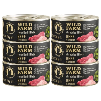 WILD FARM Filets Rund & Kip 6x70g - graanvrij nat kattenvoer in bouillon