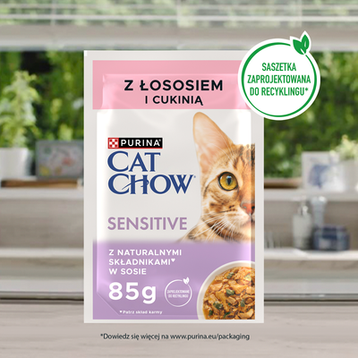 CAT CHOW Sensitive Kattenvoer met Zalm en Courgette in Saus 85g - 20 SIZEN + 6 GRATIS !!! + Groominghandschoen - Cat Chow GRATIS