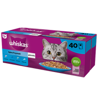 WHISKAS Adult Zakjes 40 x 85 g Fishy Treats - natvoer voor volwassen katten in gelei (stukjes met: zalm, tonijn, kabeljauw, witte vis)