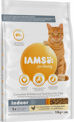 IAMS-Dry voeding voor Vitality Indoor voor volwassen en senior katten die niet thuis wonen, kip 10kg