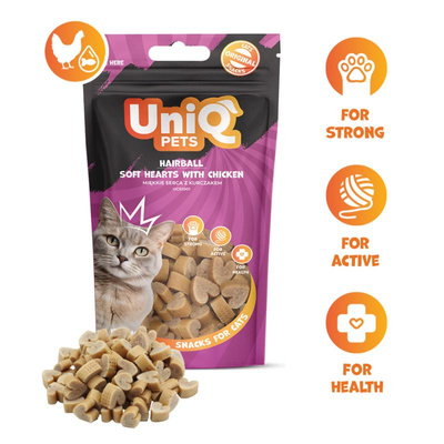 UNIQ PETS kattensnoepjes - haarbal zachte hartjes met kip 50g 