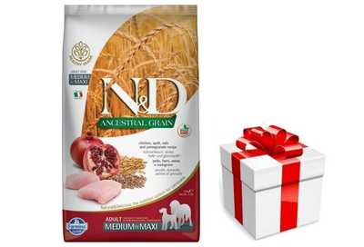 Farmina N&D Ancestral Grain Canine Adult Medium&Maxi Kip&Pompelgranaat 12kg + GRATIS een verrassing voor je hond!
