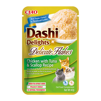INABA Dashi Delights Delicate Vlokken Kip met Tonijn &amp; Sint Jakobsschelp Recept 40g