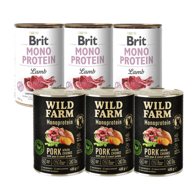 Brit Mono Protein Lamb 3x400g + WILD FARM Monoprotein Pork 3x400g