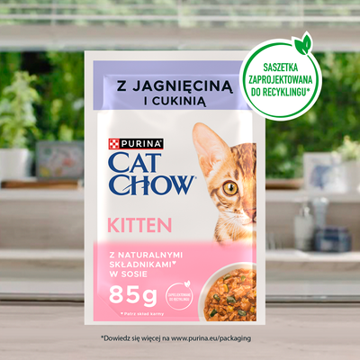 CAT CHOW Kittenvoer met lam en courgette in saus 85g - 20 PACKS + 6 GRATIS !!! + Groominghandschoen - Cat Chow GRATIS 