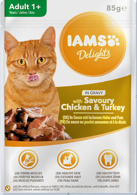 IAMS-Naturally voeding voor volwassen katten, met aromatische kip en kalkoen in saus 85g