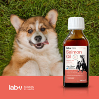 Lab-V 100% Zalmolie voor honden en katten van alle leeftijden 100ml Koudgeperst