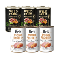 Brit Mono Eiwit met Kalkoen en Zoete Aardappelen 3x400g + WILD FARM Monoprotein Pork 3x400g