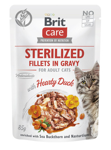 BRIT CARE Kat Gesteriliseerde Filets in Jus met Hartige Eend Verrijkt met Duindoorn en Nasturtium 85g