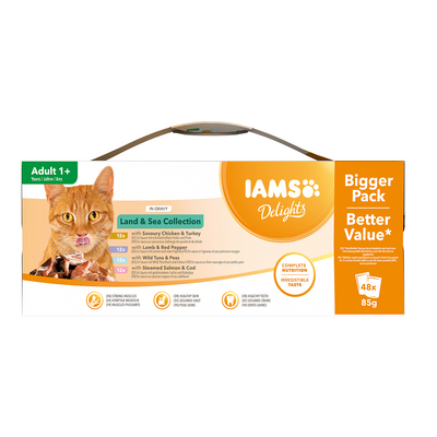 IAMS- Delights zakjesvoeding voor volwassen katten - met keuze uit vlees- en visvoer in saus 48x85g