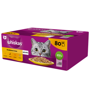 WHISKAS Adult zakje 80 x 85 g Gevogelte Stuk - natvoer voor volwassen katten in gelei (stukjes met: kip, eend, gevogelte, kalkoen)